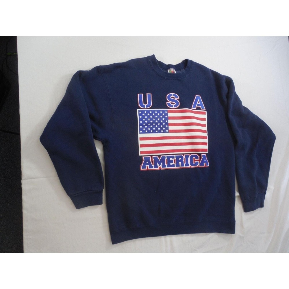 Vintage Fruit Of The Loom USA Flag Sweatshirt Mens XL‎ Graphic Navy Americana